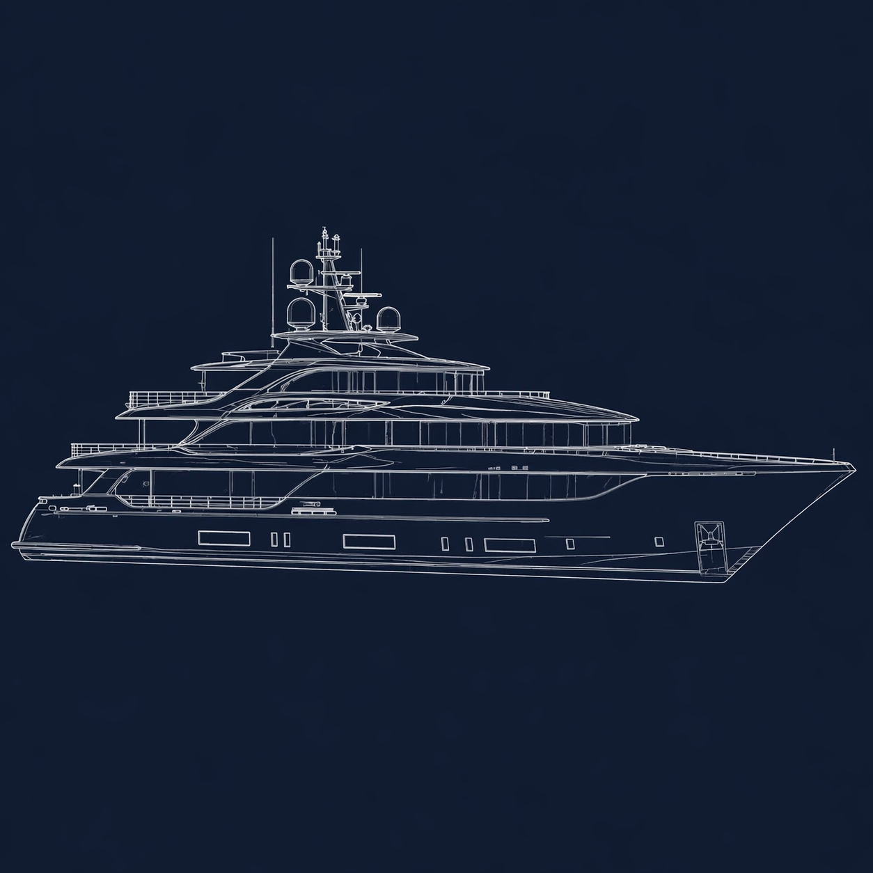 White line drawing of a luxury yacht on a dark blue background