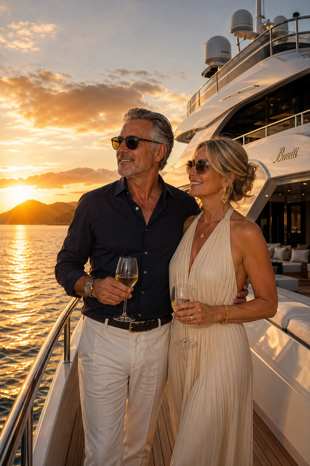 Photograph of a couple with drinks on a yacht at sunset.