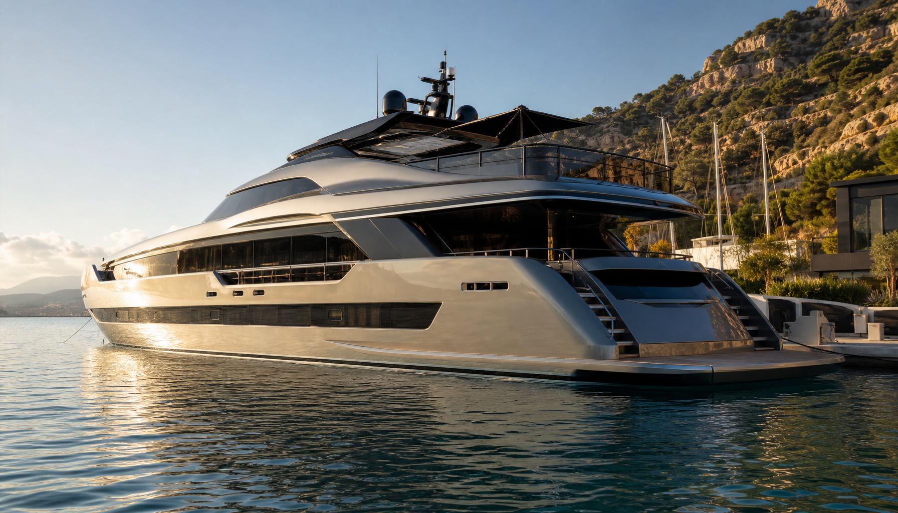 Luxury yacht on calm water at sunset, near a rocky coastline.