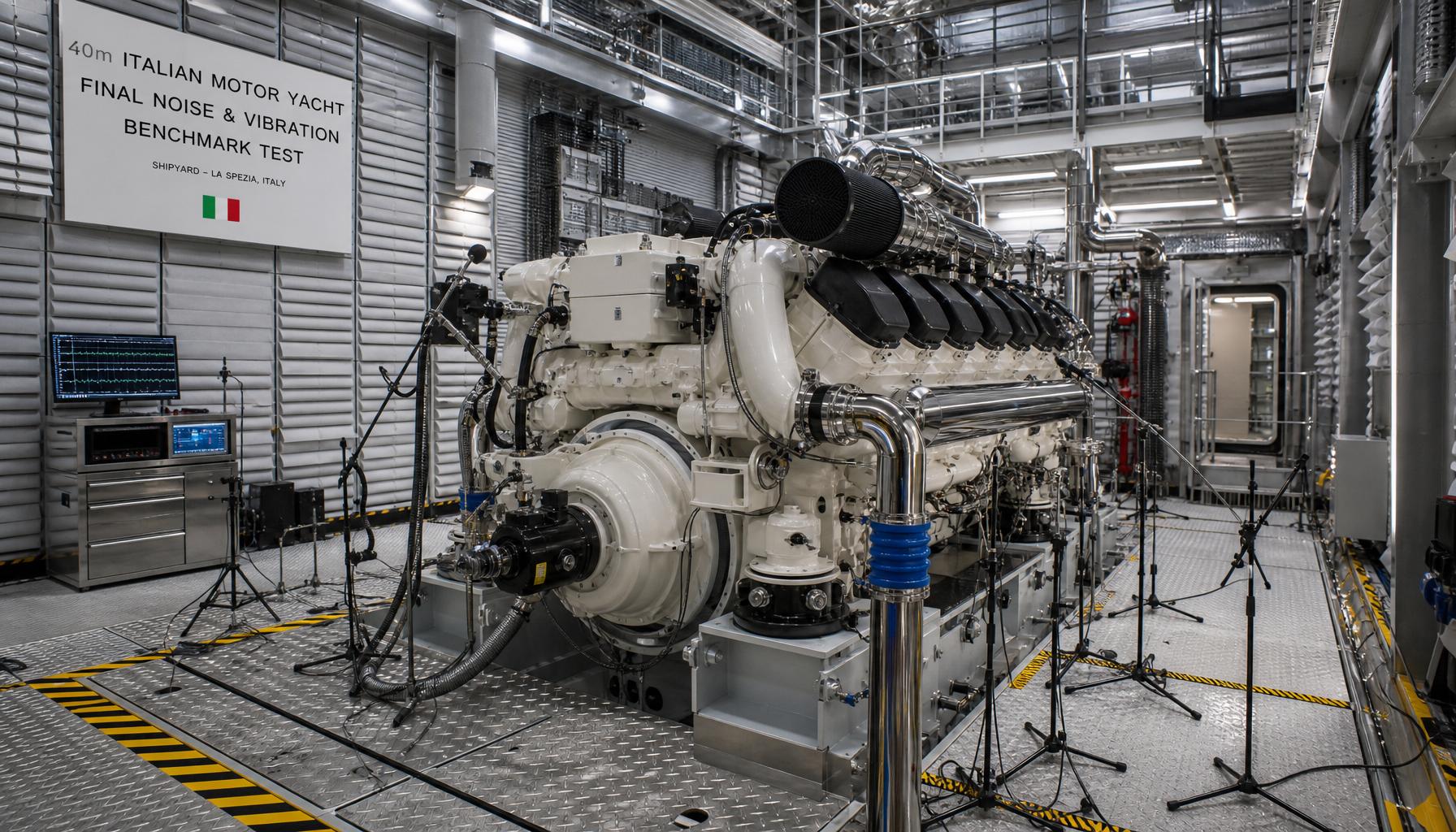 Large industrial engine in a bright factory with metal scaffolding and piping